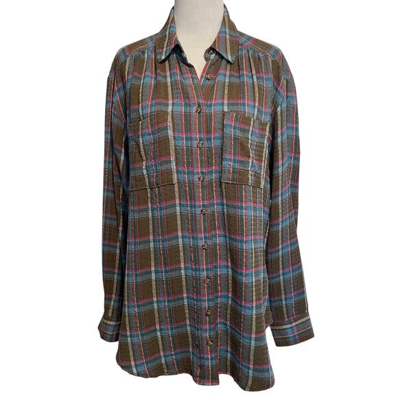 PILCRO The Romy Top Womens Small Olive Teal & Pink Plaid Relaxed Button Shirt - Picture 2 of 8